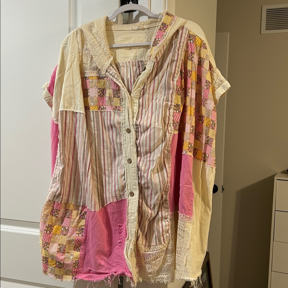 Blue Velvet Cream and Pink Patchwork Top